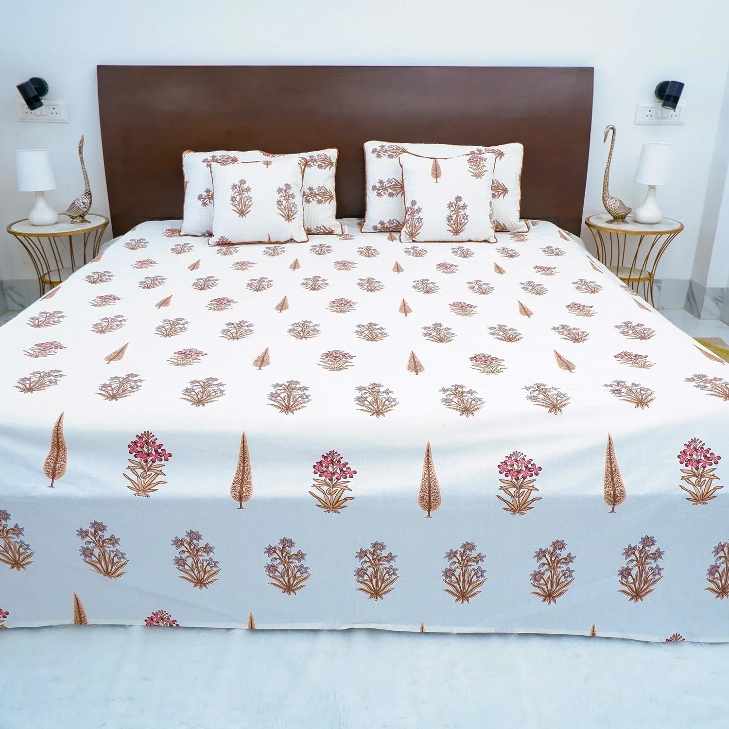 Hand Block Printed Cotton Bedding Set  of 5 Pieces - Floral Leaf Motif (90x108 inches)