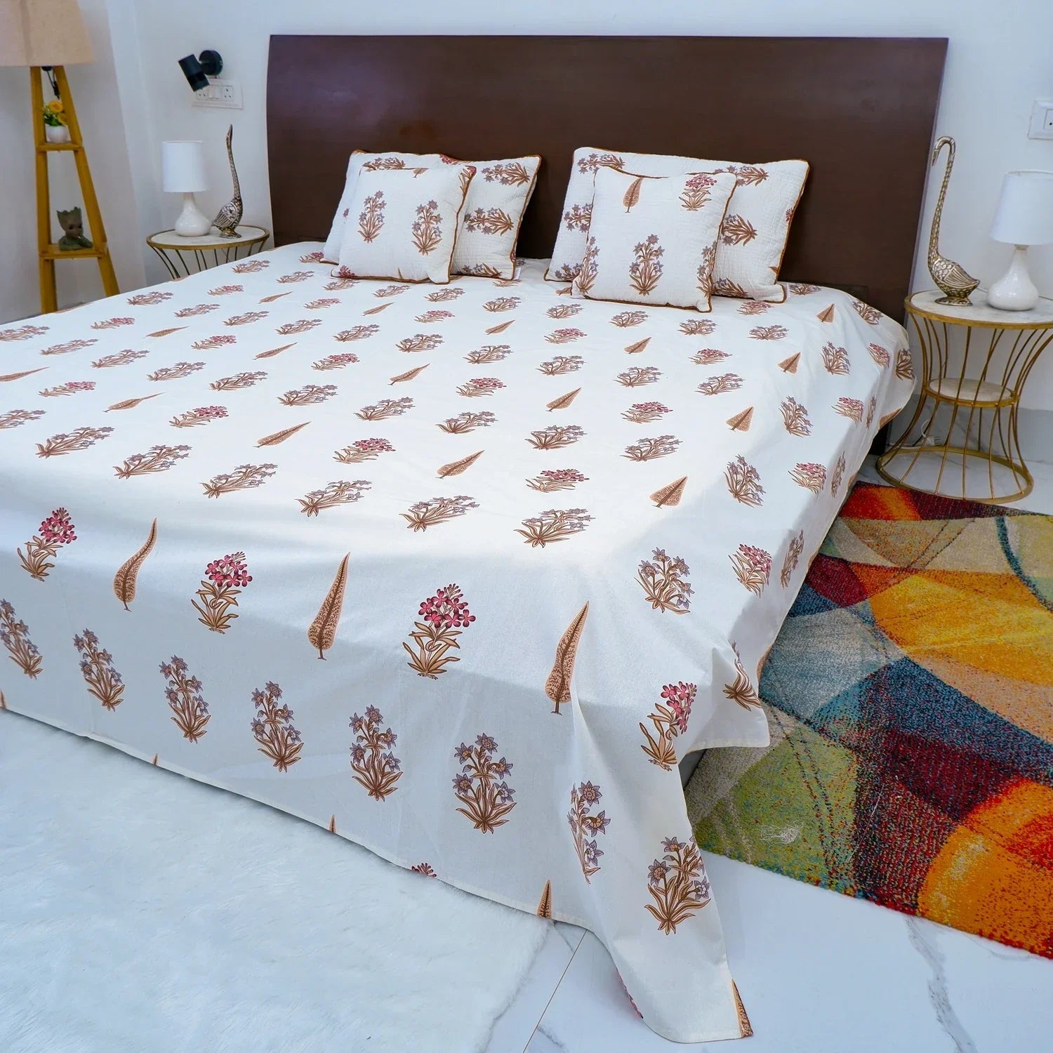 Hand Block Printed Cotton Bedding Set  of 5 Pieces - Floral Leaf Motif (90x108 inches)