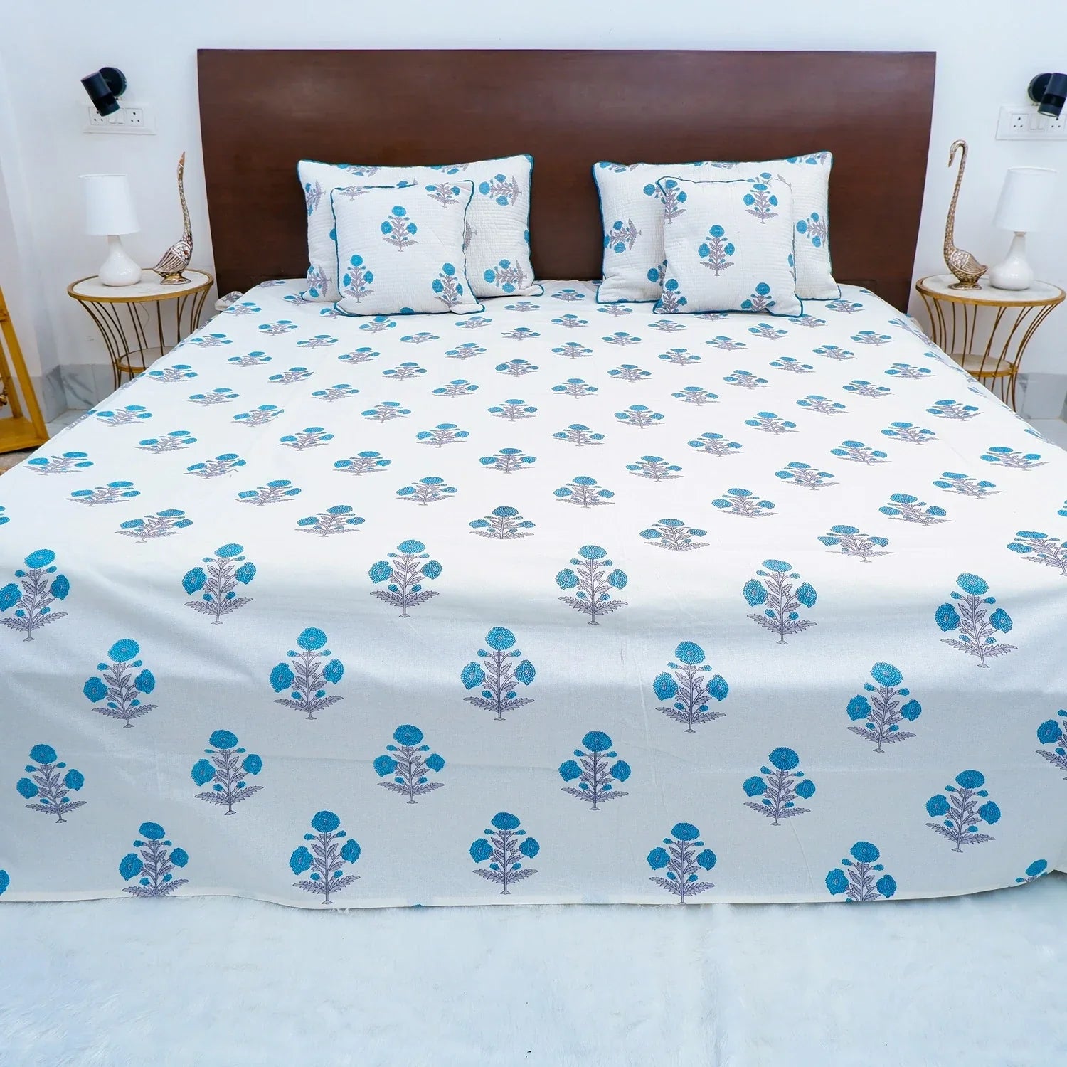 Hand Block Printed Cotton Bedding Set  of 5 Pieces- Blue Floral Buta (90x108 inches)
