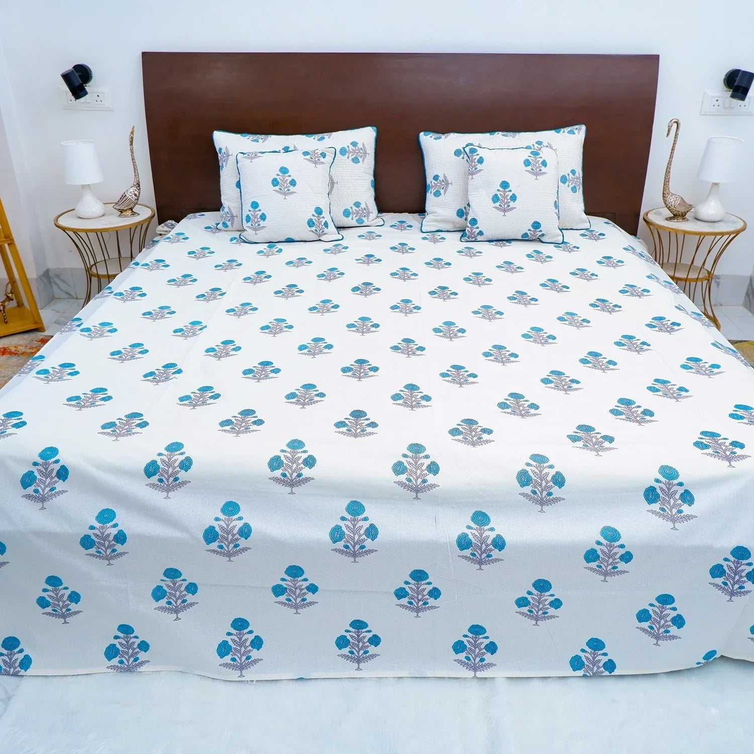 Hand Block Printed Cotton Bedding Set  of 5 Pieces- Blue Floral Buta (90x108 inches)
