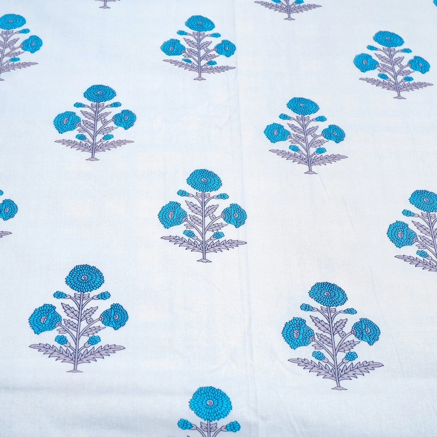 Hand Block Printed Cotton Bedding Set  of 5 Pieces- Blue Floral Buta (90x108 inches)
