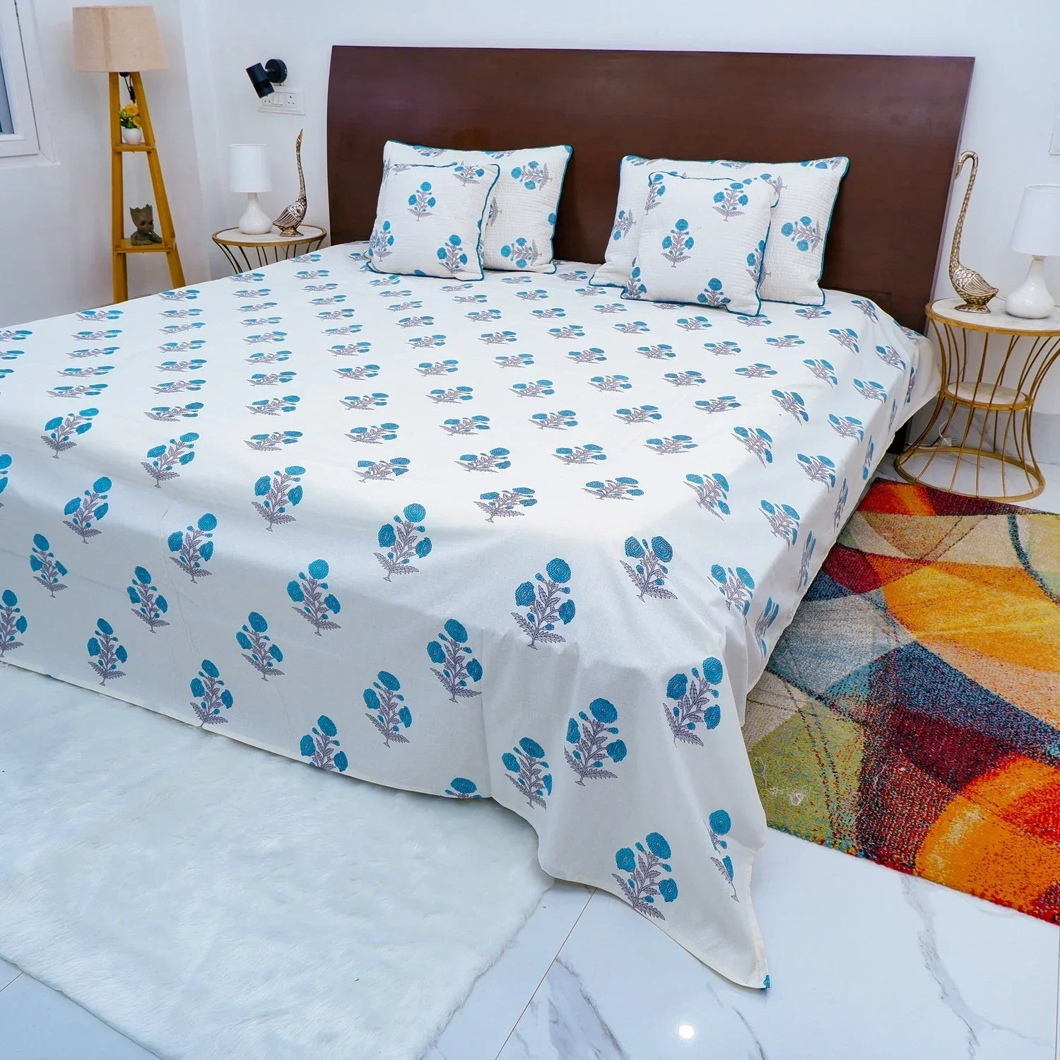 Hand Block Printed Cotton Bedding Set  of 5 Pieces- Blue Floral Buta (90x108 inches)