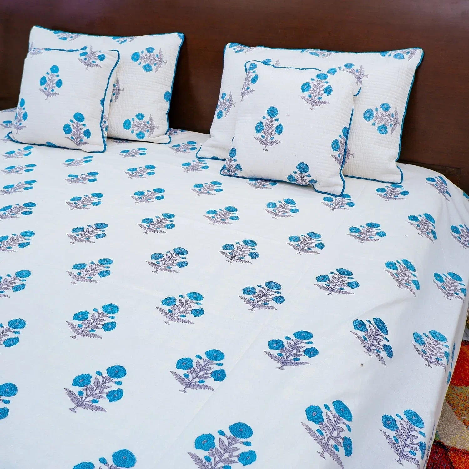 Hand Block Printed Cotton Bedding Set  of 5 Pieces- Blue Floral Buta (90x108 inches)