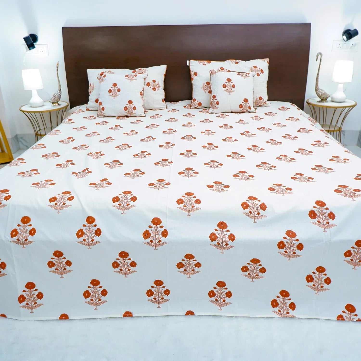 Hand Block Printed Cotton Bedding Set  of 5 Pieces- Red Floral Buta (90x108 inches)