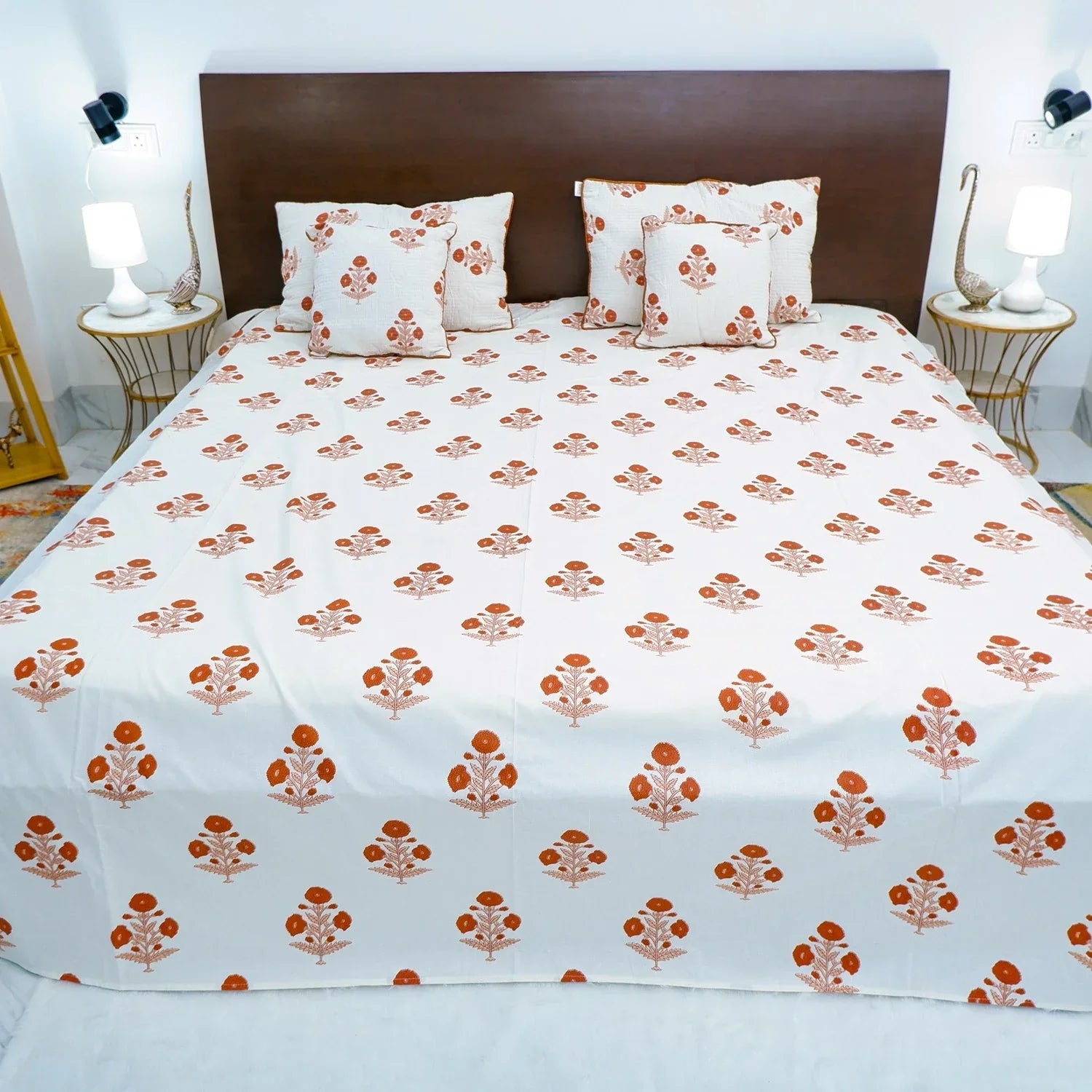 Hand Block Printed Cotton Bedding Set  of 5 Pieces- Red Floral Buta (90x108 inches)