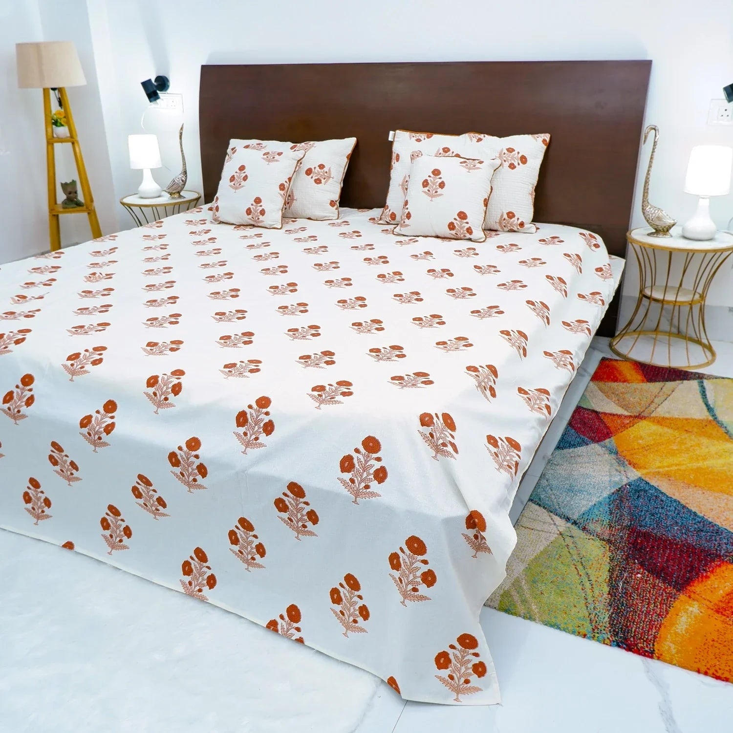 Hand Block Printed Cotton Bedding Set  of 5 Pieces- Red Floral Buta (90x108 inches)