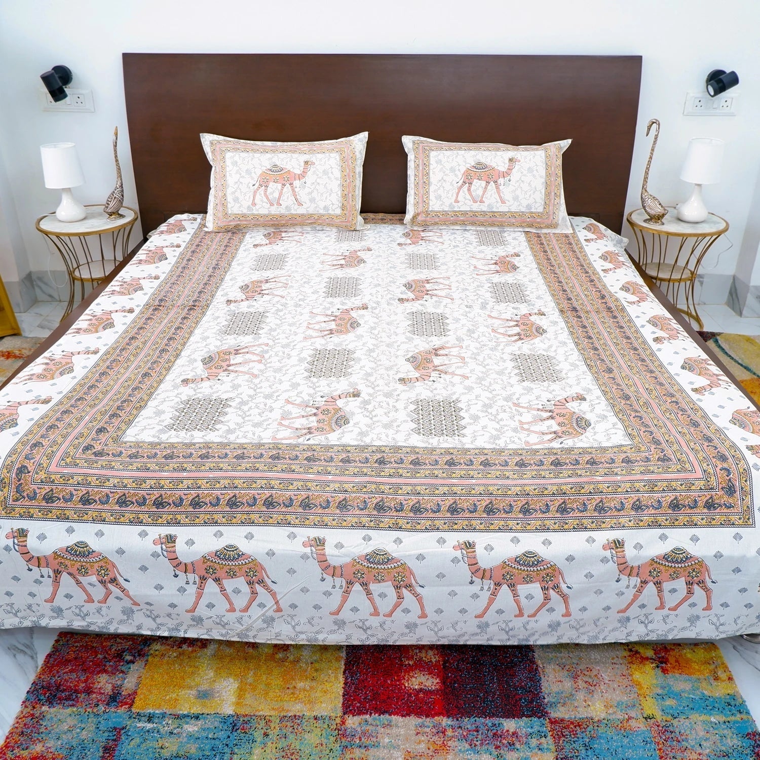 Jaipuri Cotton Double Bedsheet Set - Peach Camel Print (90x108 inches)