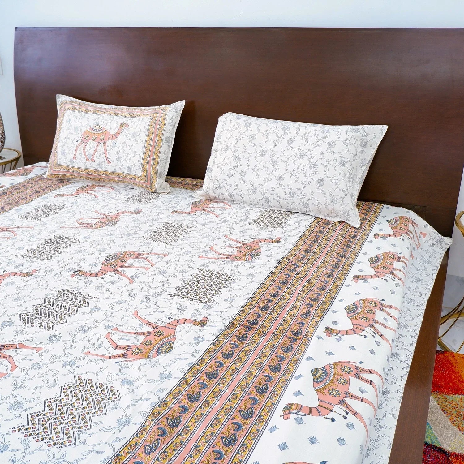 Jaipuri Cotton Double Bedsheet Set - Peach Camel Print (90x108 inches)