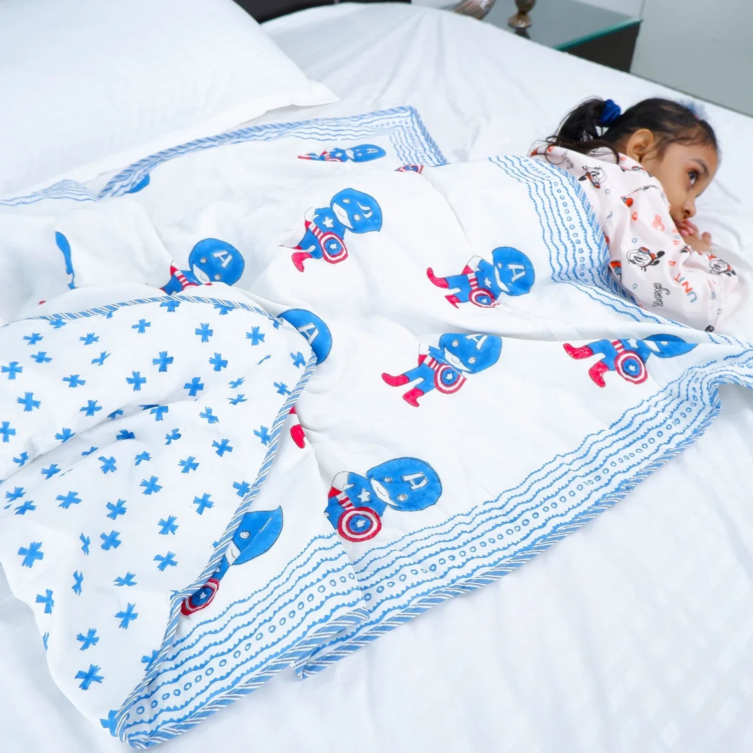 Single Bed Captain America Handblock Printed Children Bed Dohar - Tarvik