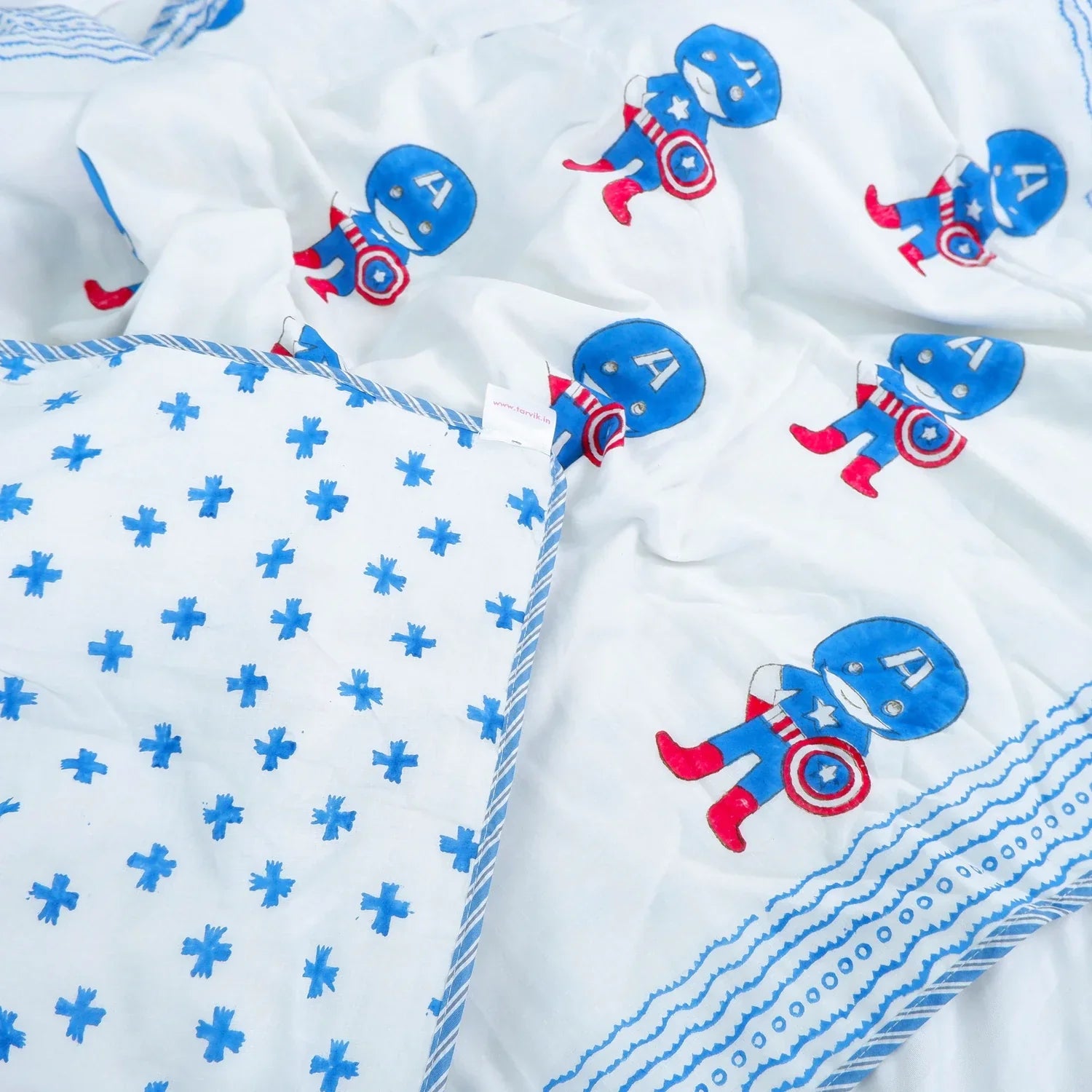 Single Bed Captain America Handblock Printed Children Bed Dohar - Tarvik