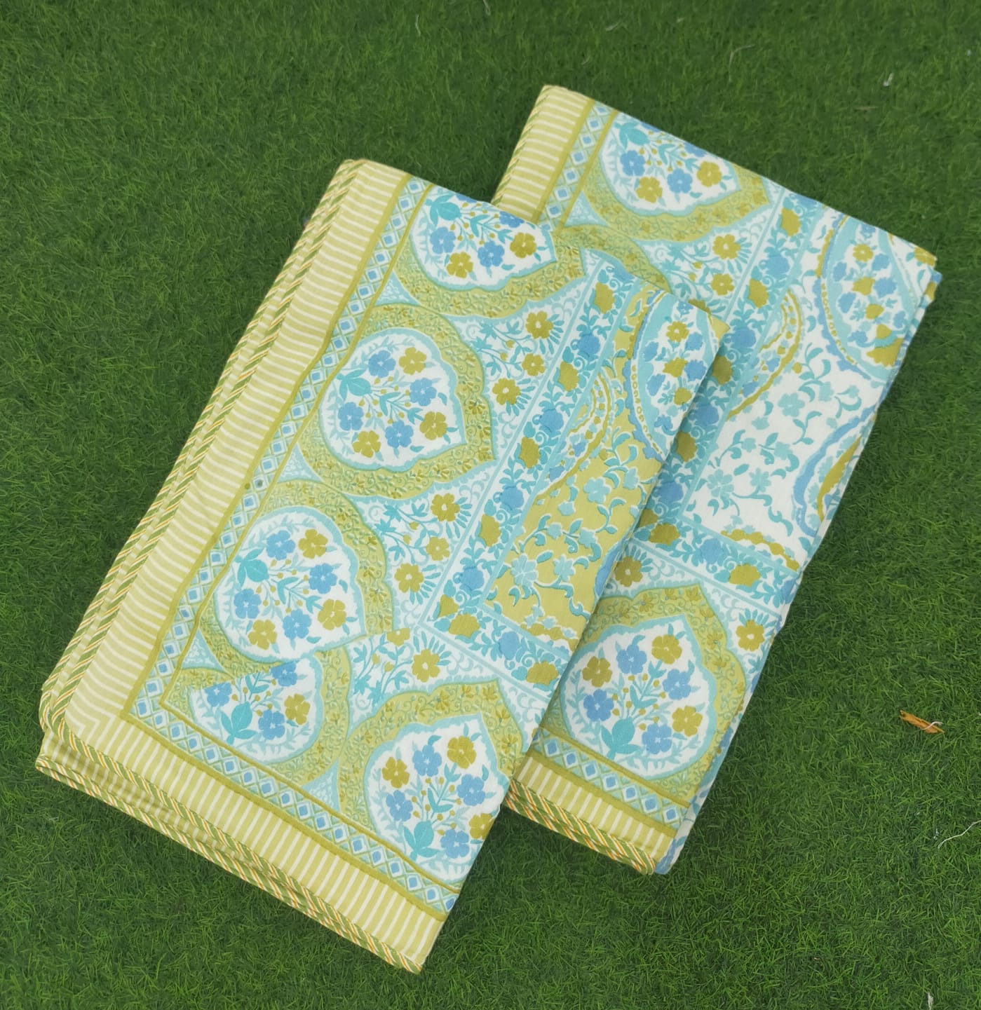 All Season Jaipuri Blanket | 100% Cotton | Block Print | Single Bed  –  Mughal Jaal Yellow (63X90 Inches)