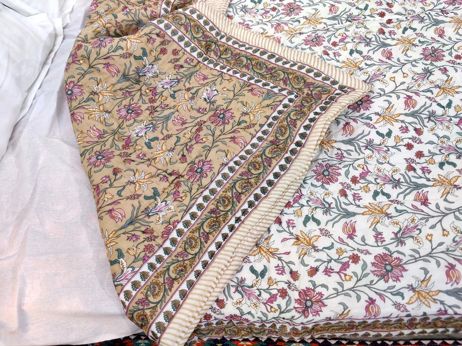 Jaipuri Quilts | 100% Pure Cotton | Block Print | Double Bed - Noor (Reversible)