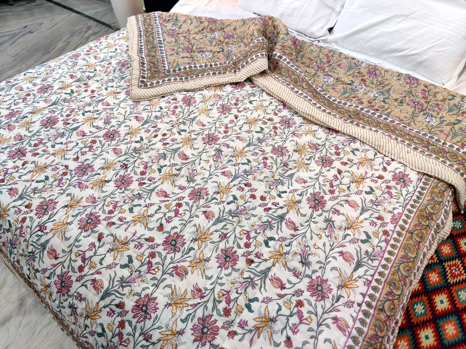 Jaipuri Quilts | 100% Pure Cotton | Block Print | Double Bed - Noor (Reversible)