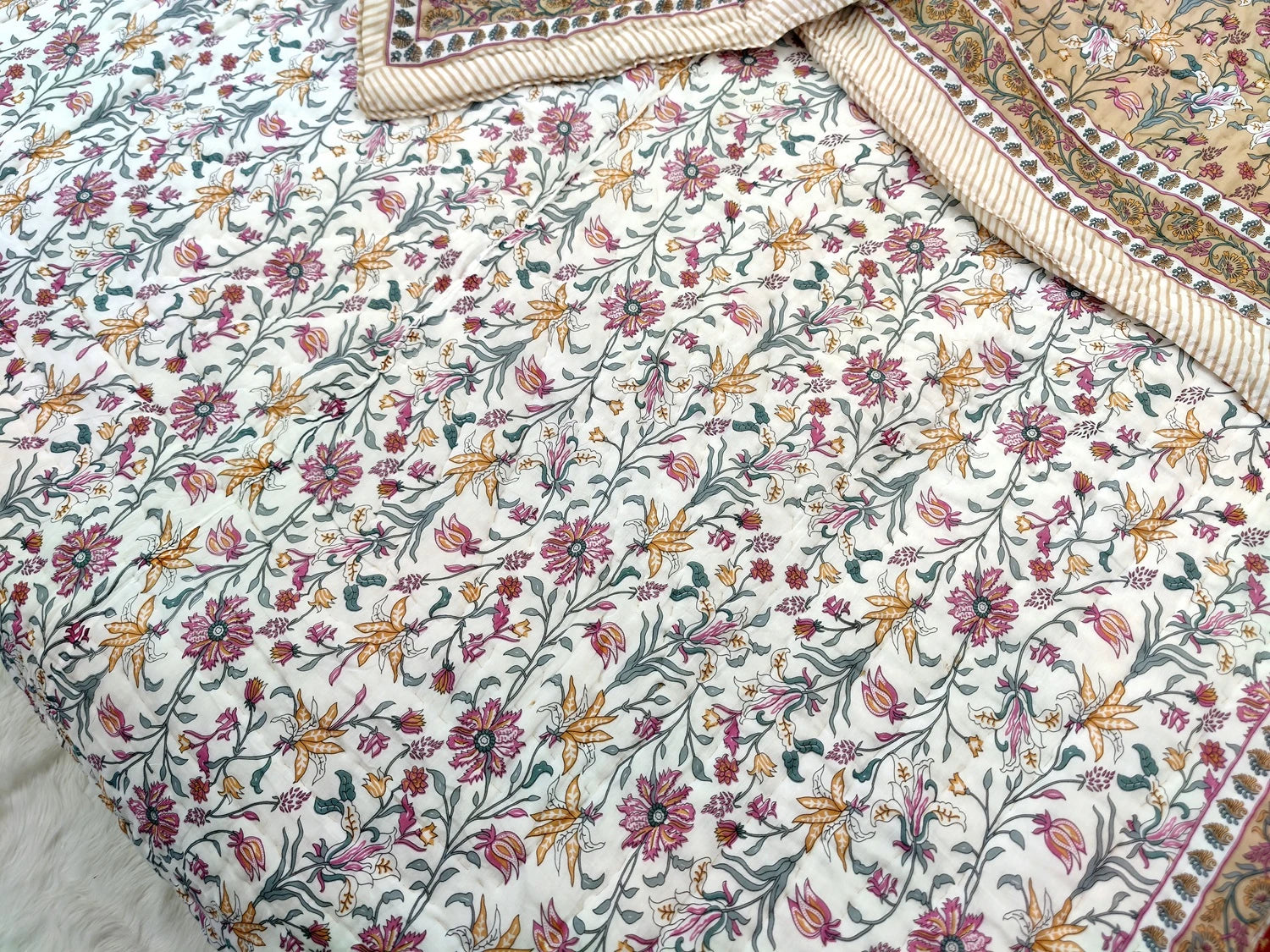 Jaipuri Quilts | 100% Pure Cotton | Block Print | Double Bed - Noor (Reversible)