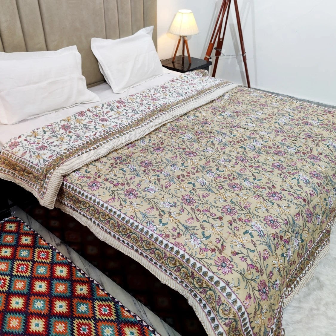 Jaipuri Quilts | 100% Pure Cotton | Block Print | Double Bed - Noor (Reversible)