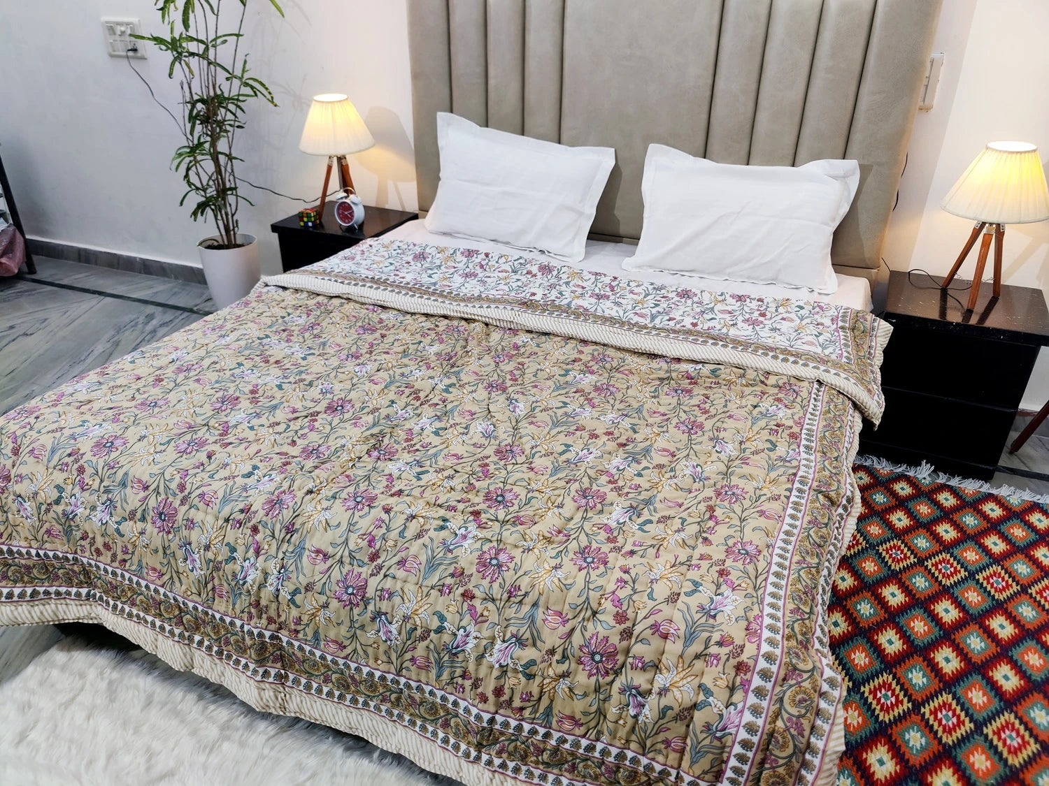 Jaipuri Quilts | 100% Pure Cotton | Block Print | Double Bed - Noor (Reversible)