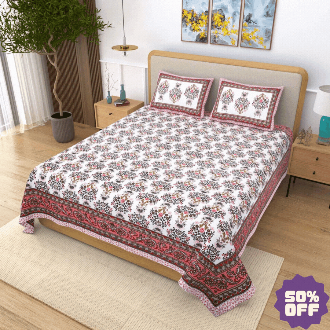 Jaipuri Cotton Double Bedsheet – White, Pink & Brown Floral Print (90x108 inches)