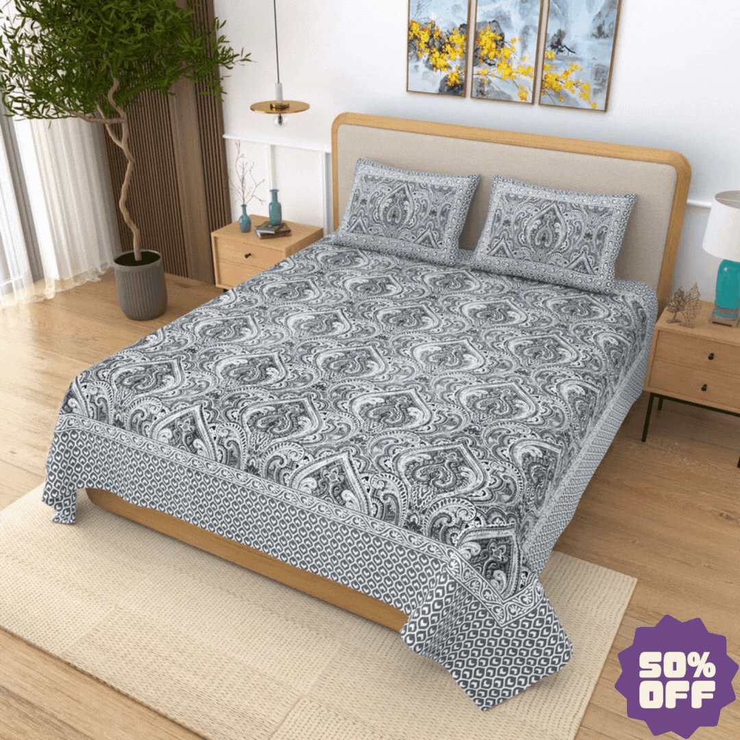 Jaipuri Cotton Double Bedsheet – Black & White Paisley (90x108 inches)