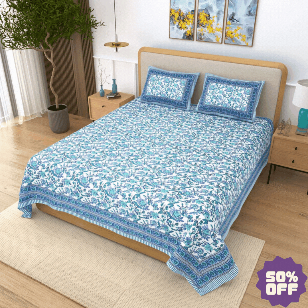 Jaipuri Cotton Double Bedsheet – Blue & Aqua Floral Vine (90x108 inches)