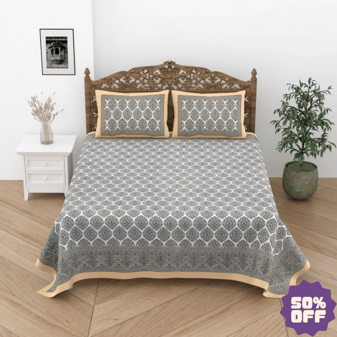 Jaipuri Cotton Double Bedsheet Set –  Grey & Beige Floral Print (90x108 inches)