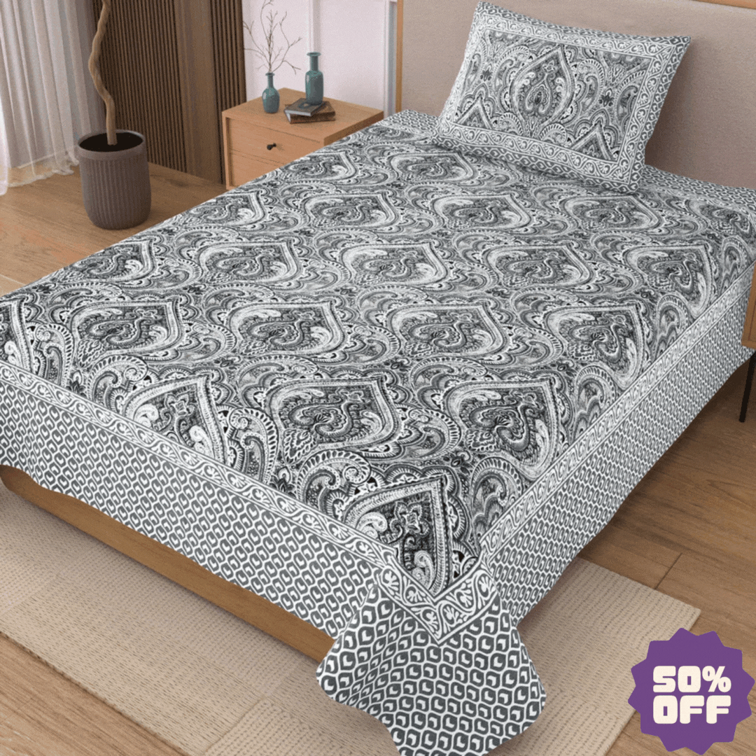 Jaipuri Cotton Single Bedsheet Set – Black & White Paisley Print (70X100 inches)