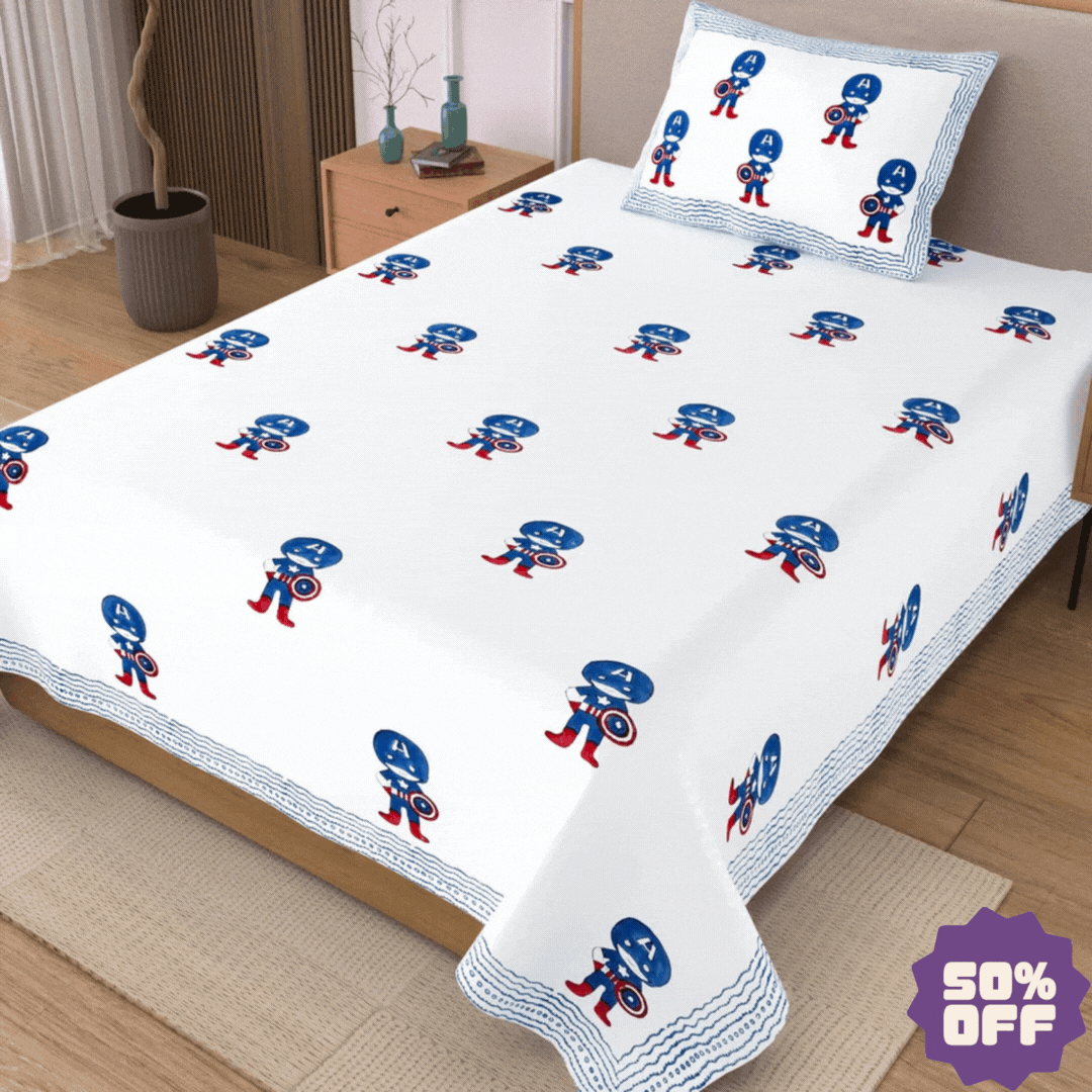 Captain America Block Printed Kids Cotton Bedsheet - Single Bed Size (60X90 Inches)