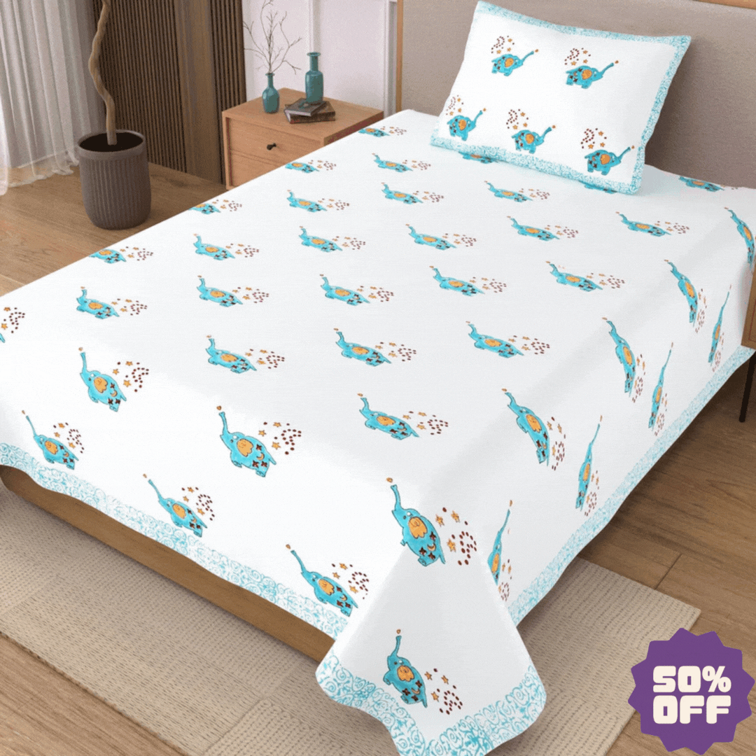 Blue Elephant Block Printed Kids Cotton Bedsheet - Single Bed Size (60X90 Inches)