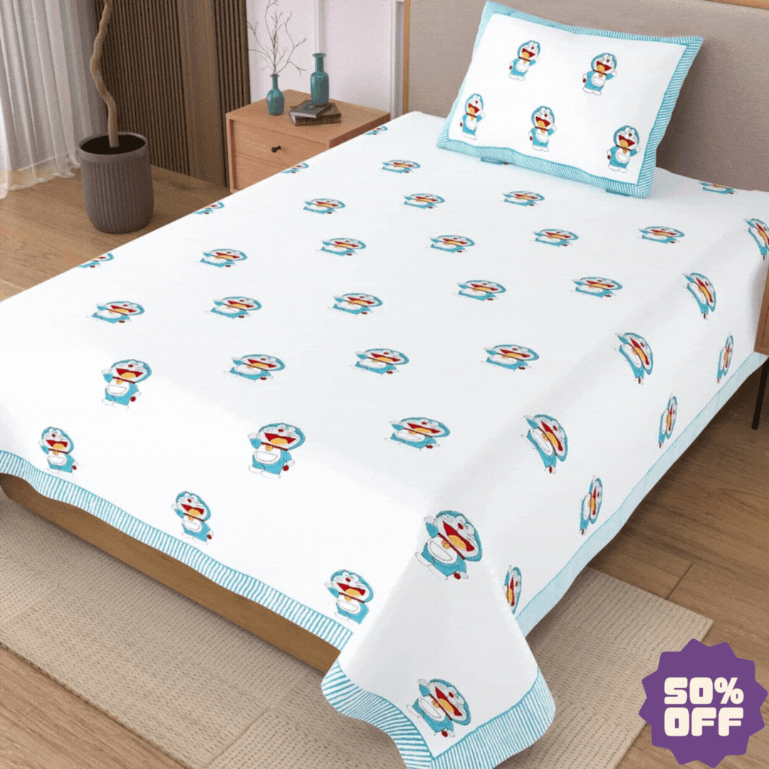 Doraemon Block Printed Kids Cotton Bedsheet - Single Bed Size (60X90 Inches)