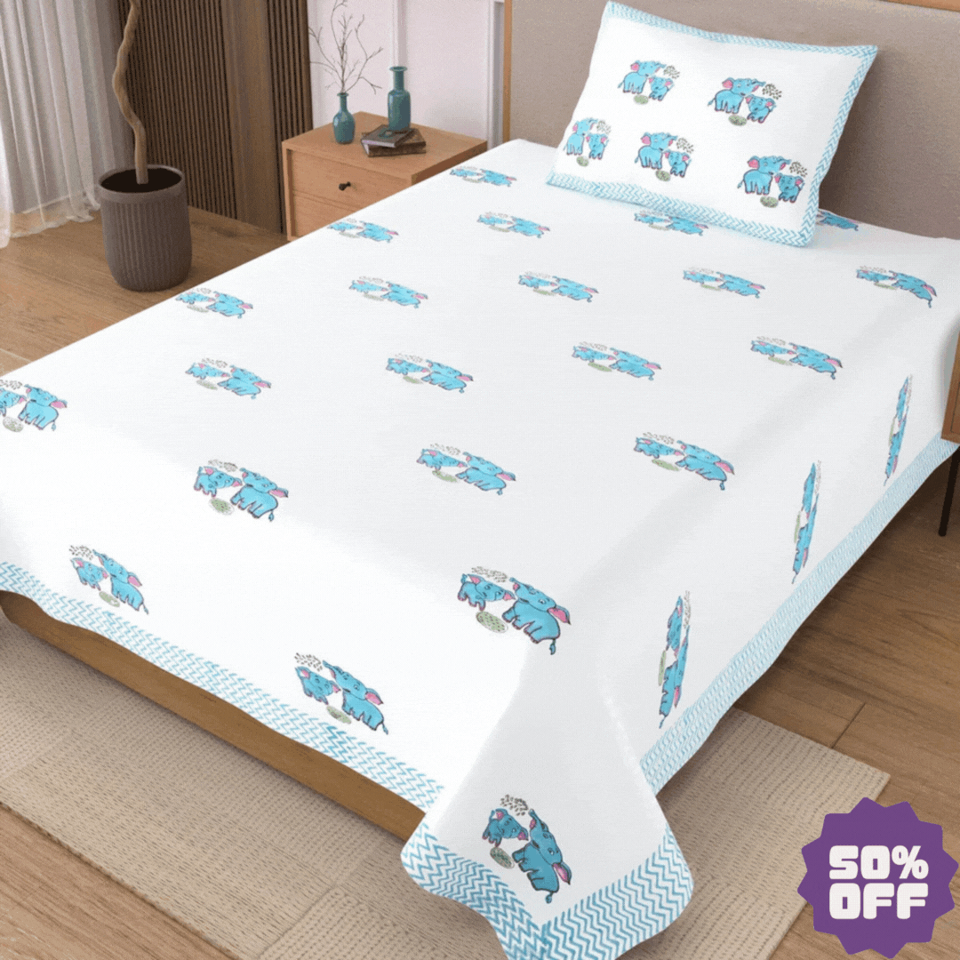 Cute Elephants Block Printed Kids Cotton Bedsheet - Single Bed Size (60X90 Inches)