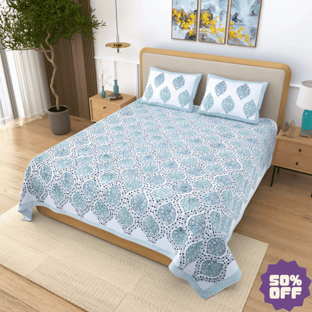 Jaipuri Cotton Double Bedsheet Set - Blue Mughal Jaal (108x108 inches)