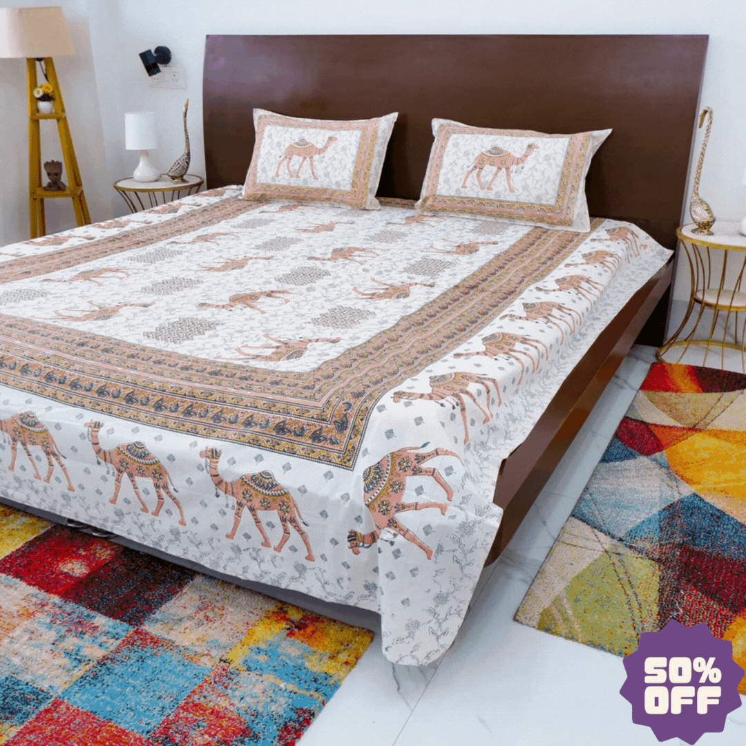 Jaipuri Cotton Double Bedsheet Set - Peach Camel Print (90x108 inches)