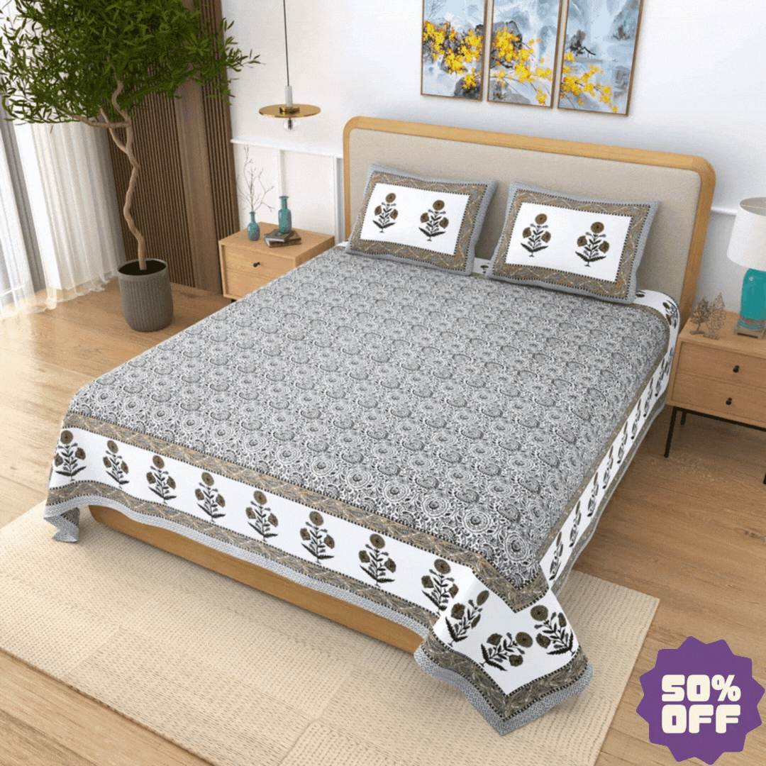 Jaipuri Cotton Double Bedsheet Set - Yellow Floral Jaal (108x108 inches)