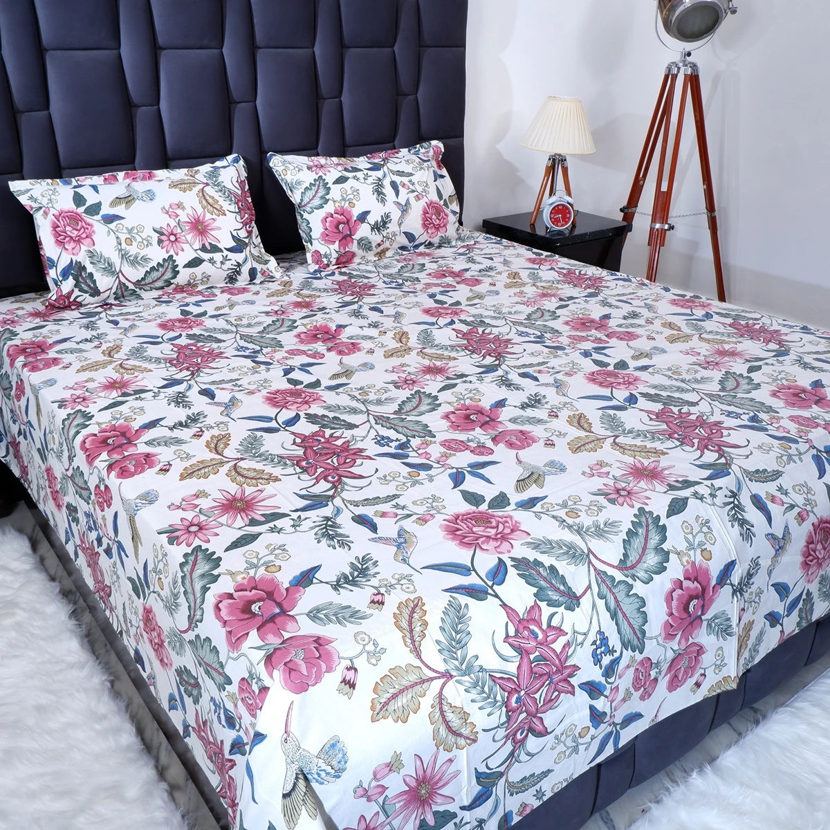 The Jaipuri 100% pure cotton bed sheet with floral design and matching pillow covers for a vibrant bedroom style