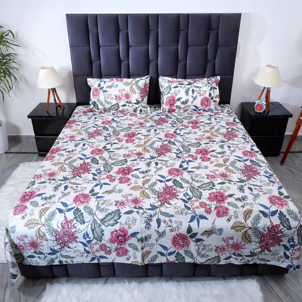 The Jaipuri 100% pure cotton bed sheet with floral design and matching pillow covers for elegant bedroom decor