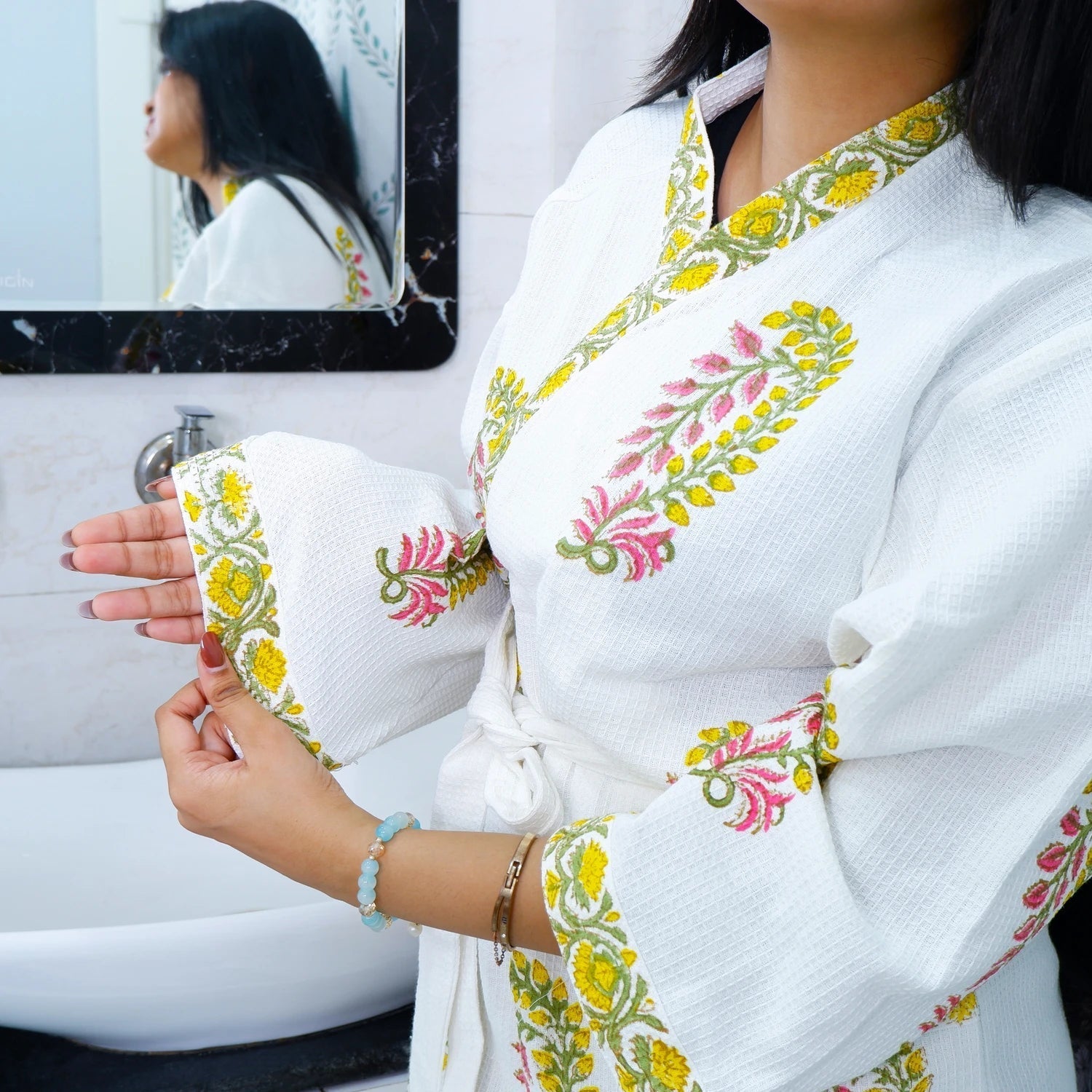 My Store Cotton Hand Block Printed Bathrobe with Colorful Floral Designs and Elegant Detail