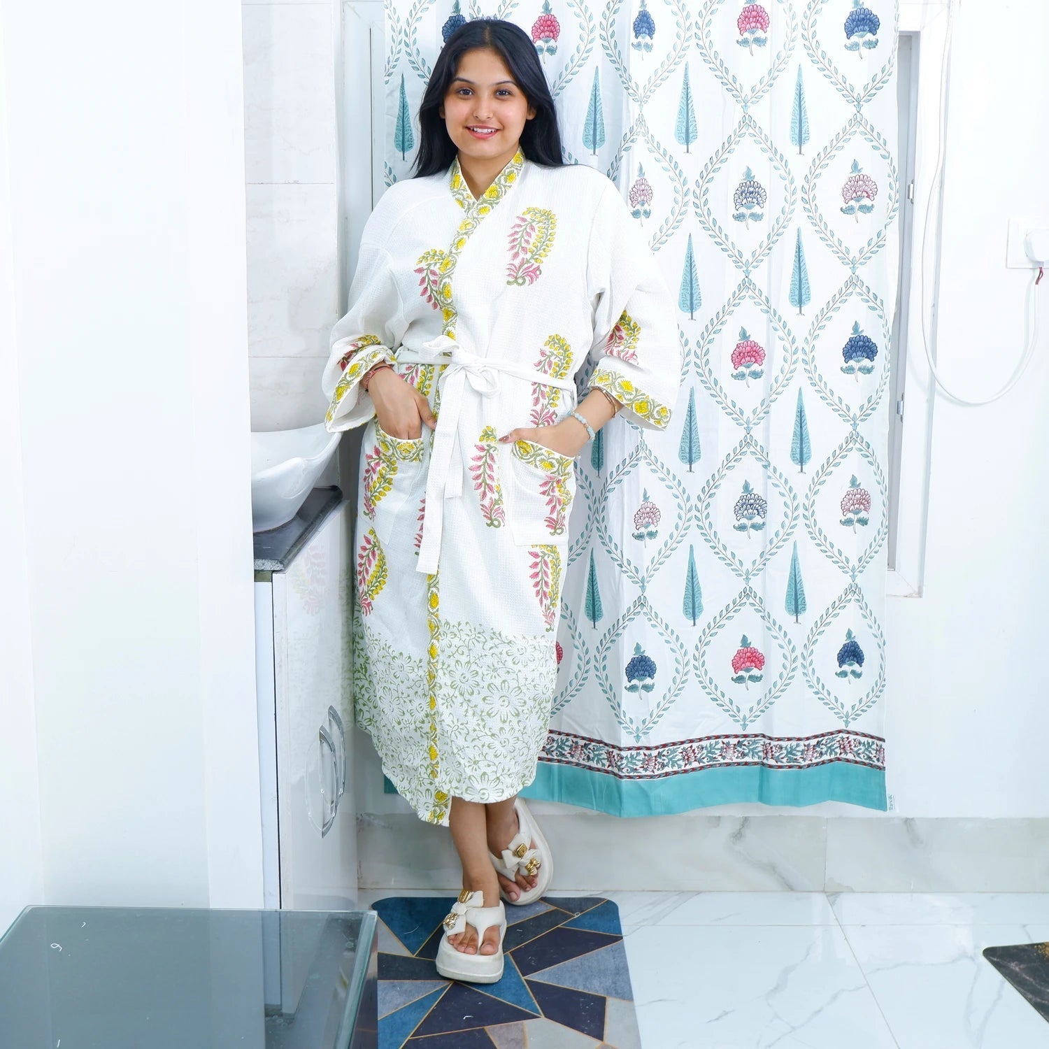 Cotton Hand block Bathrobe - Phulwari - Tarvik