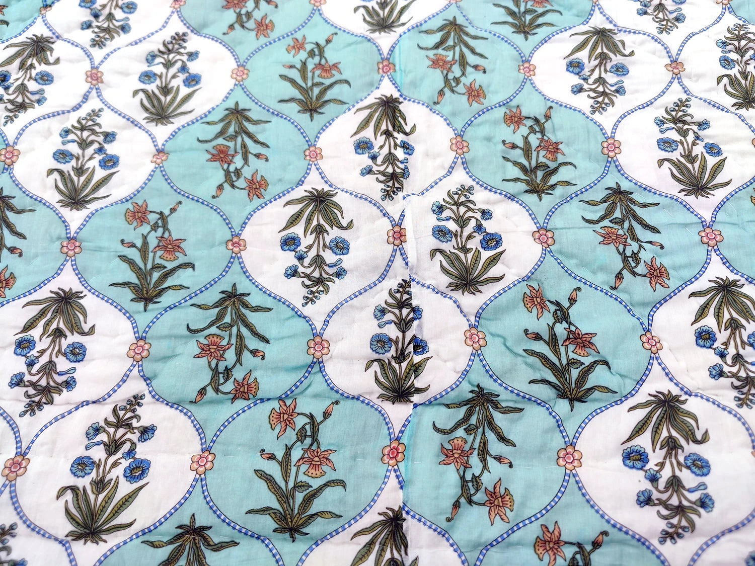 The Jaipuri cotton quilt for double bed block print in floral design featuring blue and green hues