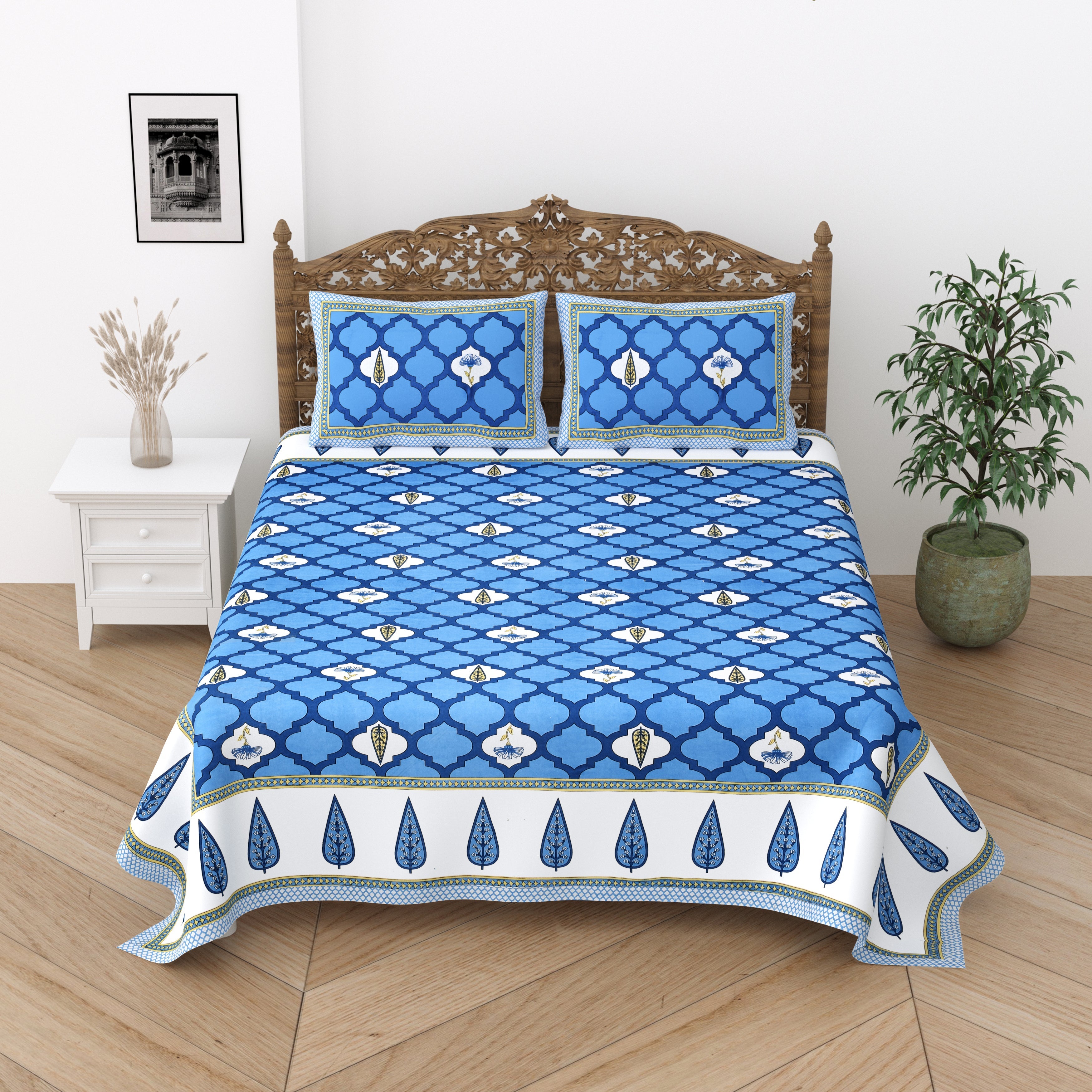 Jaipuri Cotton Double Bedsheet Set – Blue & White Mughal Print (90x108 inches)