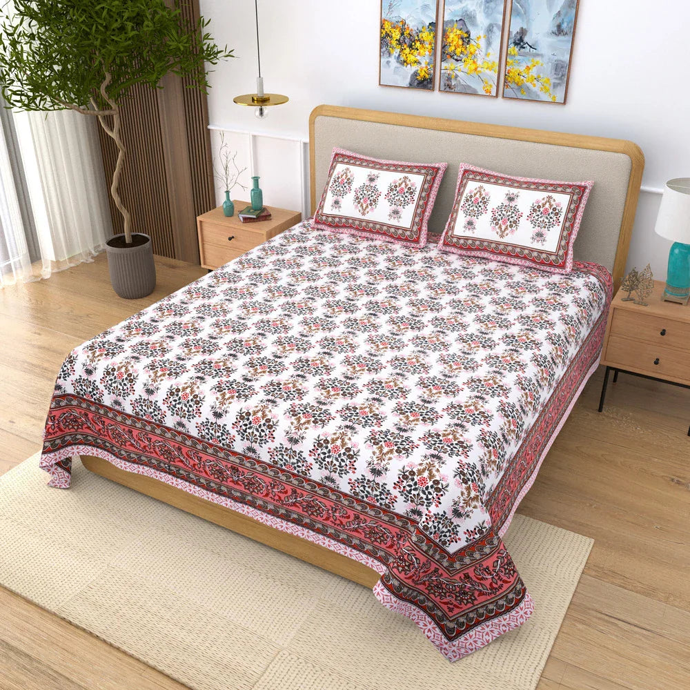 Jaipuri Cotton Double Bedsheet – White, Pink & Brown Floral Print (90x108 inches)