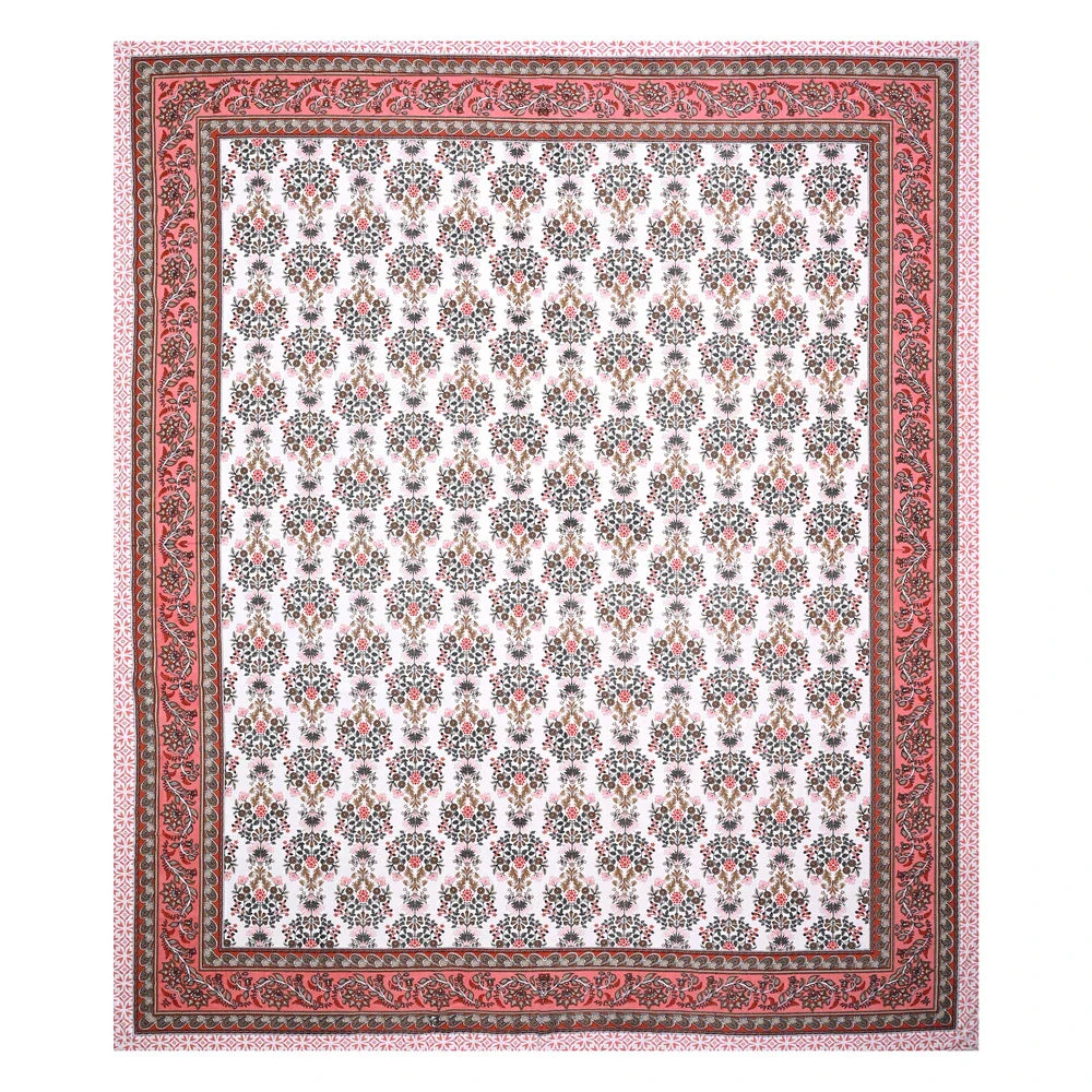 Jaipuri Cotton Double Bedsheet – White, Pink & Brown Floral Print (90x108 inches)