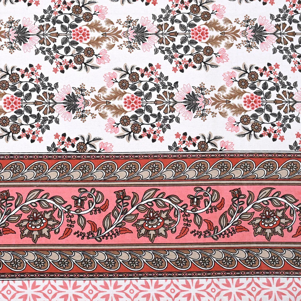 Jaipuri Cotton Double Bedsheet – White, Pink & Brown Floral Print (90x108 inches)