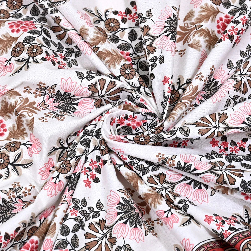 Jaipuri Cotton Double Bedsheet – White, Pink & Brown Floral Print (90x108 inches)