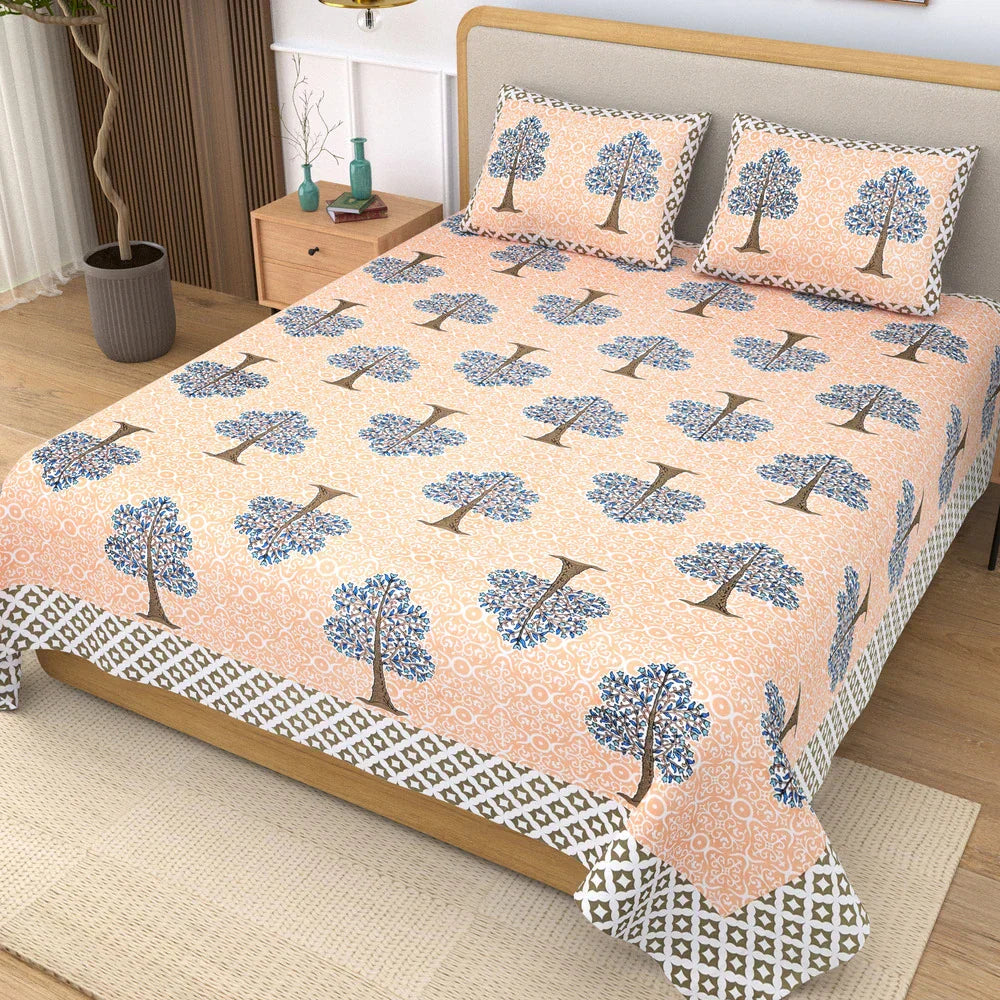 Jaipuri Cotton Double Bedsheet – Peach & Blue Tree Motif (90x108 inches)