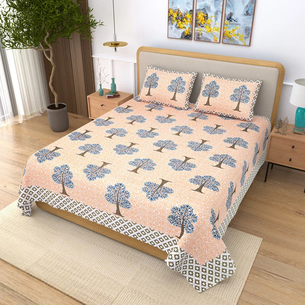 Jaipuri Cotton Double Bedsheet – Peach & Blue Tree Motif (90x108 inches)