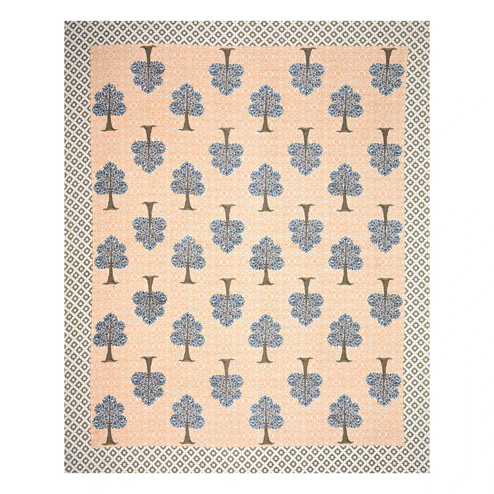Jaipuri Cotton Double Bedsheet – Peach & Blue Tree Motif (90x108 inches)