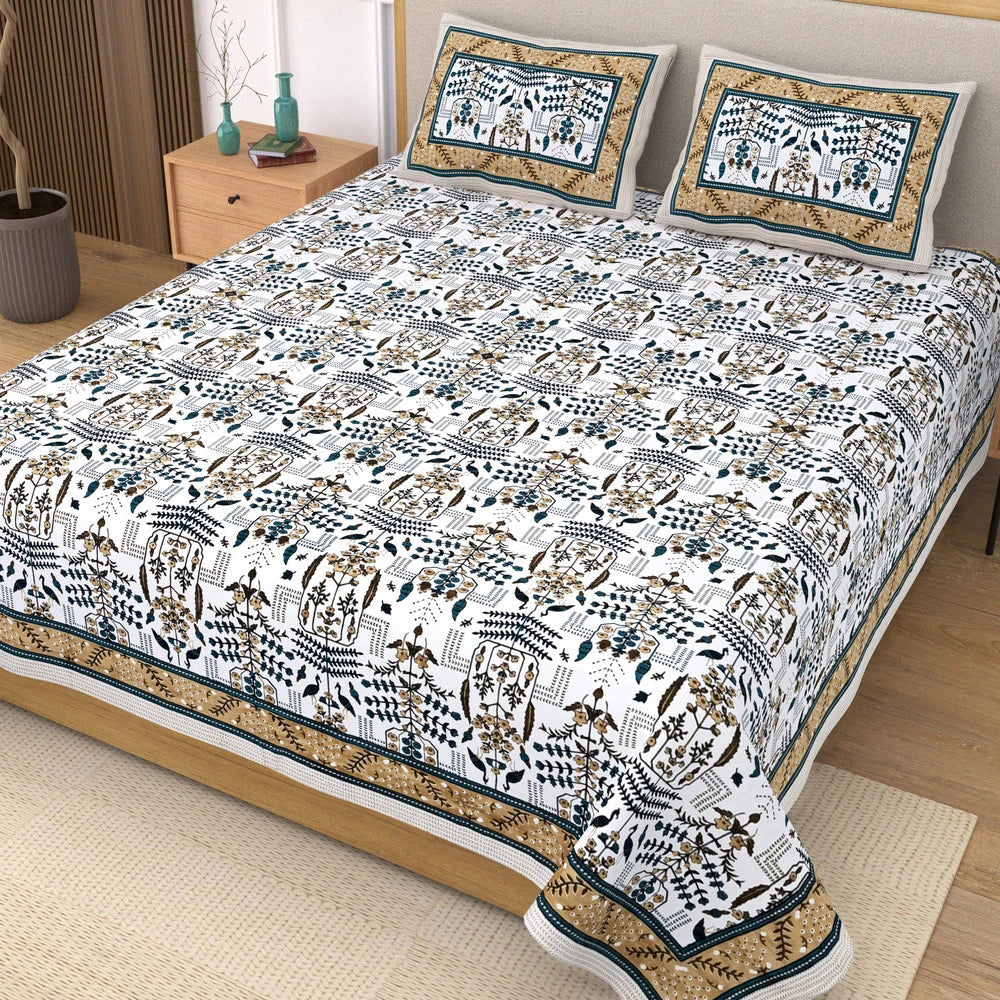 Jaipuri Cotton Double Bedsheet – Beige & Blue Mughal Print (90x108 inches)