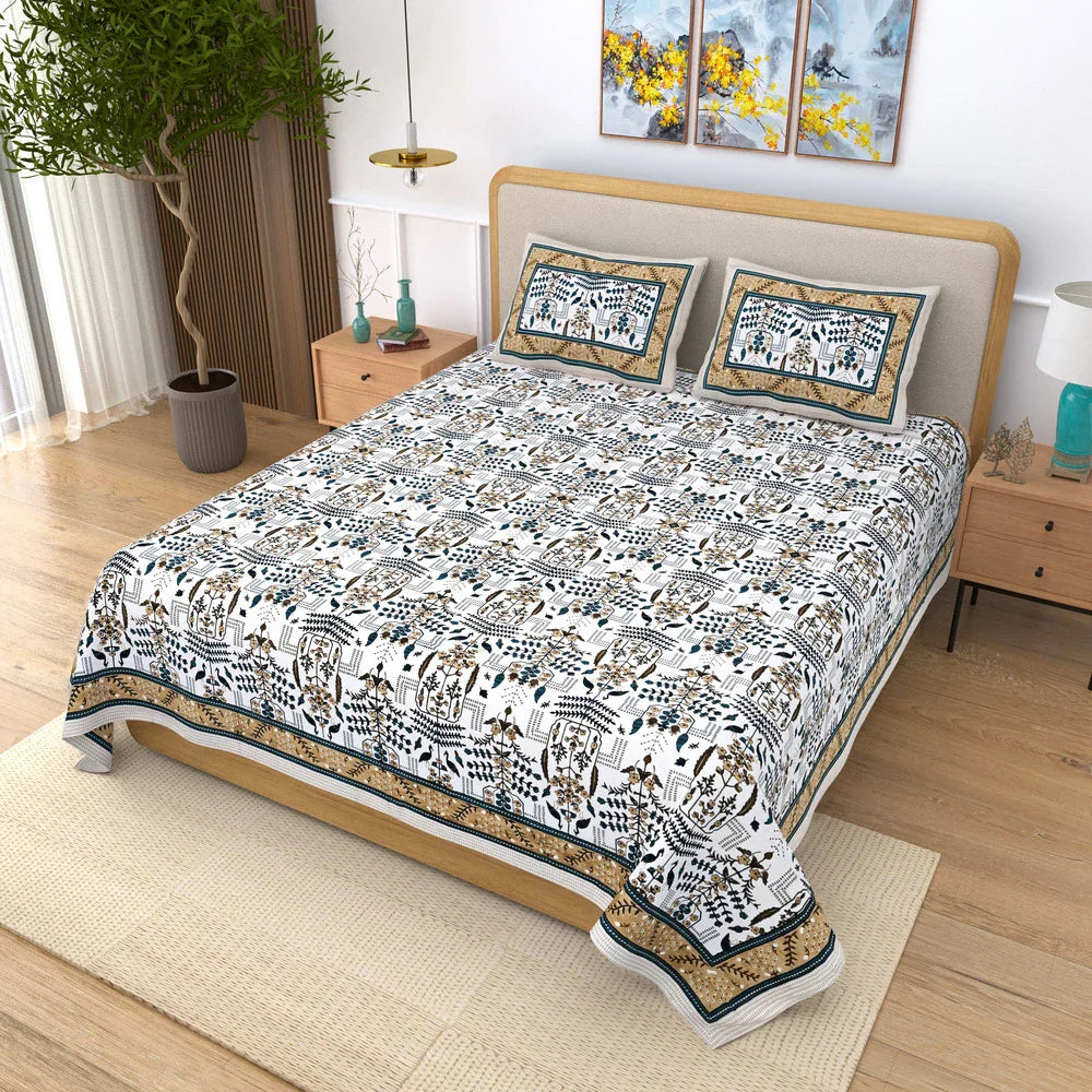 Jaipuri Cotton Double Bedsheet – Beige & Blue Mughal Print (90x108 inches)