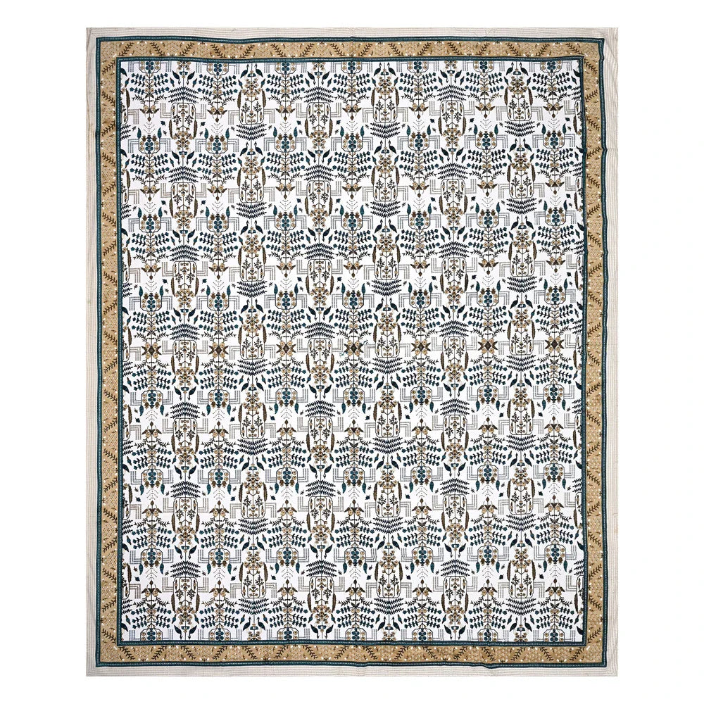 Jaipuri Cotton Double Bedsheet – Beige & Blue Mughal Print (90x108 inches)