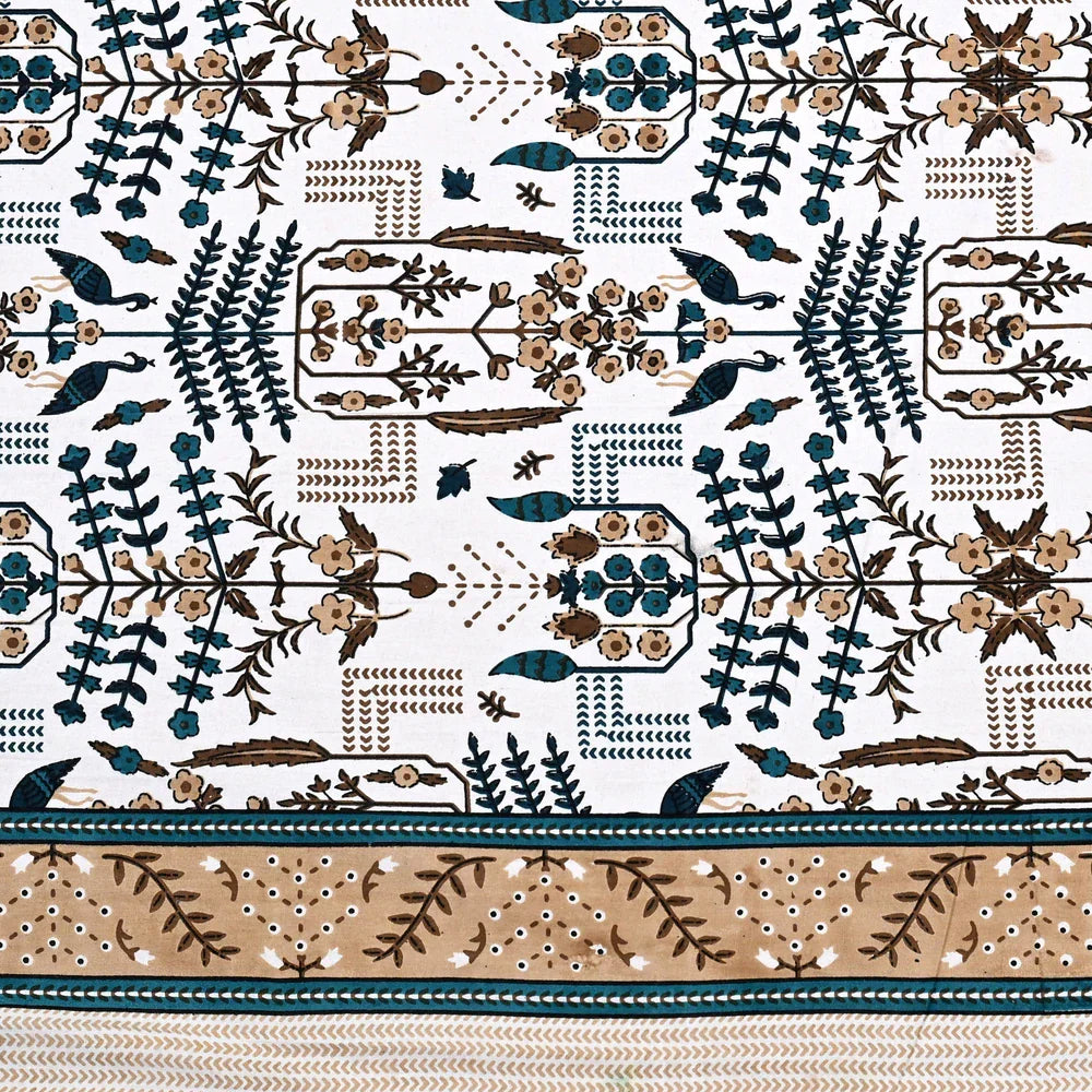 Jaipuri Cotton Double Bedsheet – Beige & Blue Mughal Print (90x108 inches)