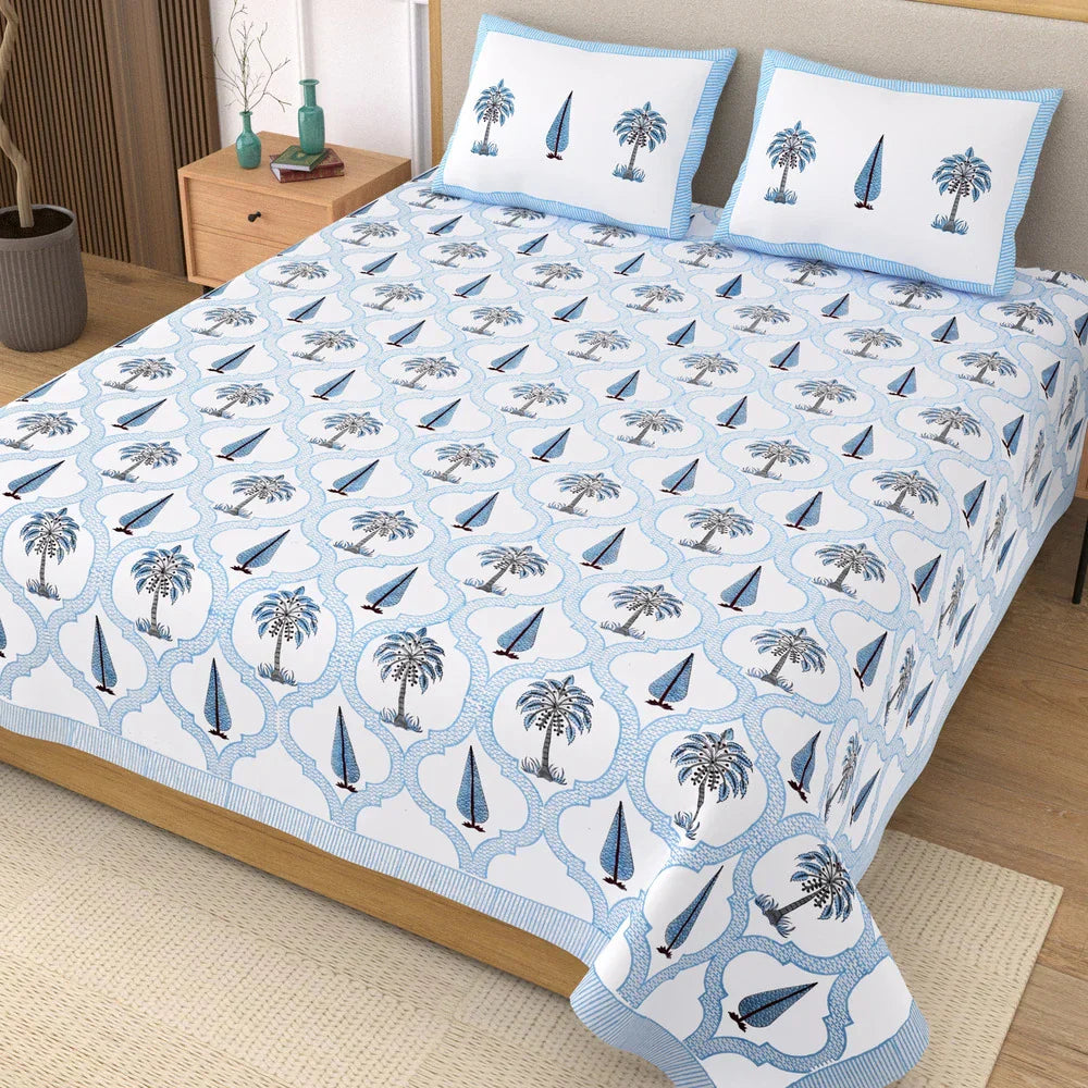 Jaipuri Cotton Double Bedsheet Set - Blue Leaf Motif (108x108 inches)